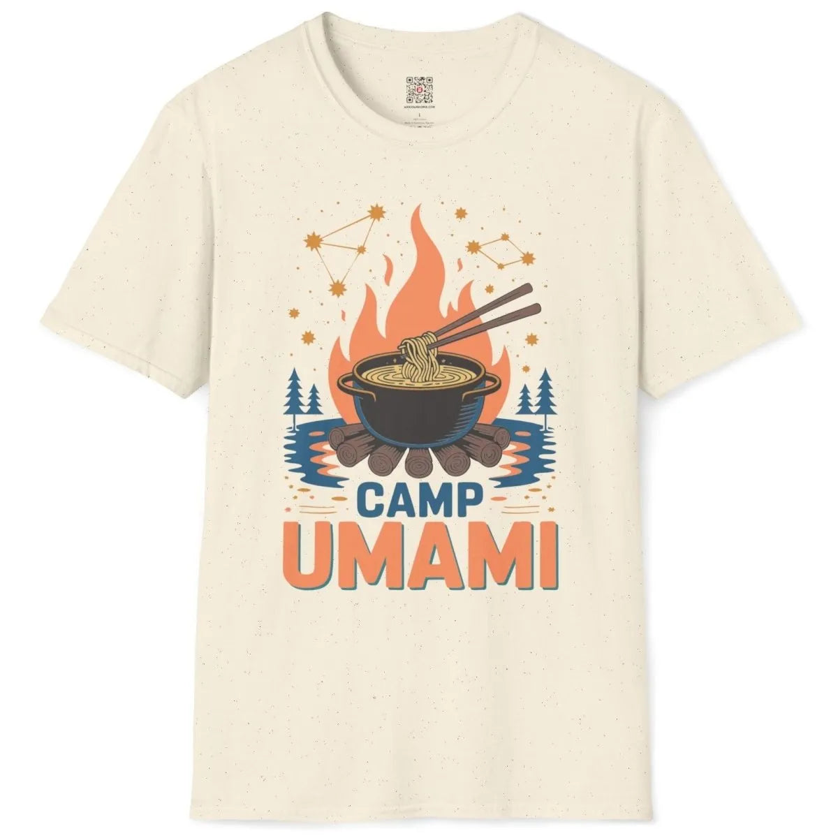Natural Camp Umami t-shirt flatlay, pot of noodles, pine tree silhouettes, and modern tradition.