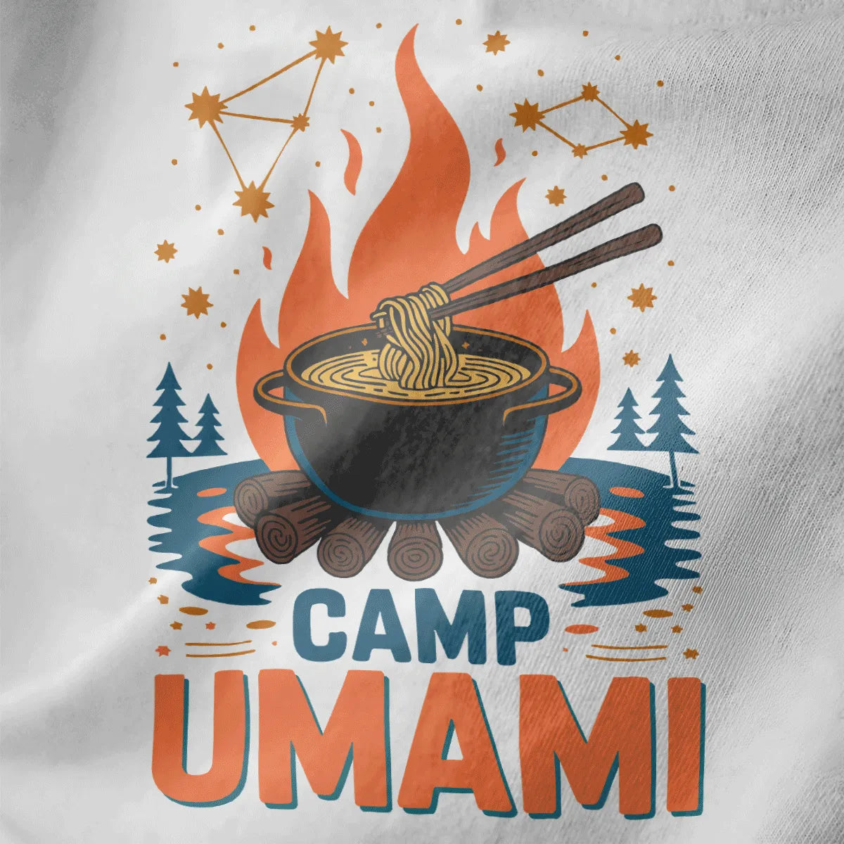 Close-up of Camp Umami design on white shirt, pot of noodles over campfire, ramen t-shirt, vibrant style.