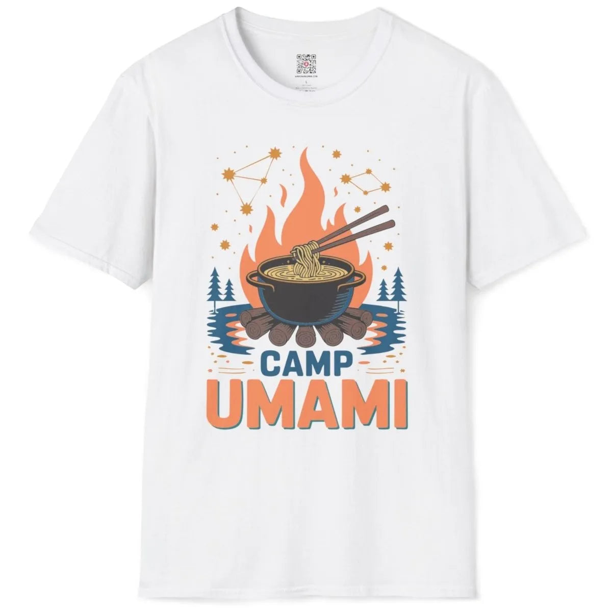 White Camp Umami t-shirt flatlay, pot of ramen over fire, blue waves, and japanese t-shirts.