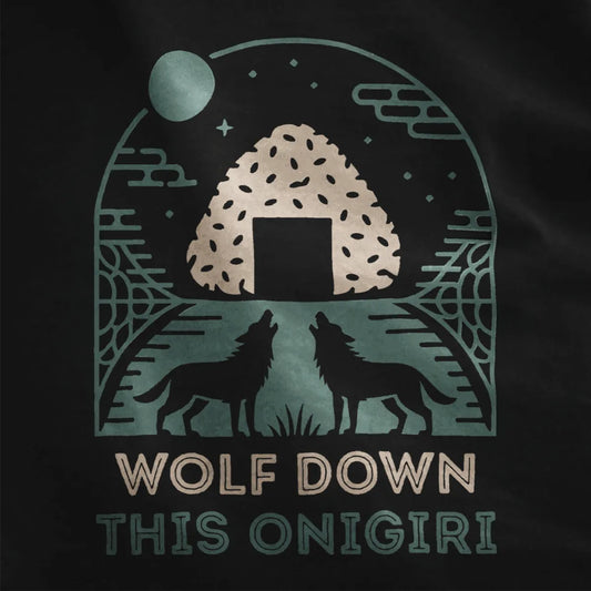 Monochrome teal onigiri with sesame, seaweed, and howling wolves on black fabric, night scene, japanese t-shirts.