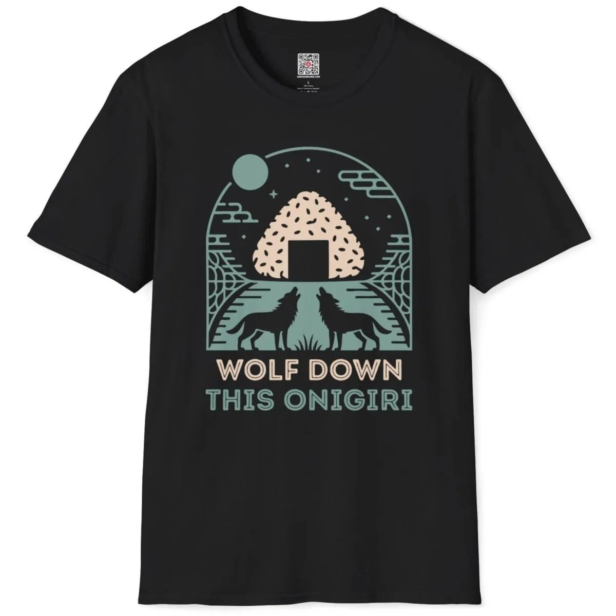 Flatlay black t-shirt with teal onigiri, wolves, moon, and bold typography, junk food shirt, night scene.