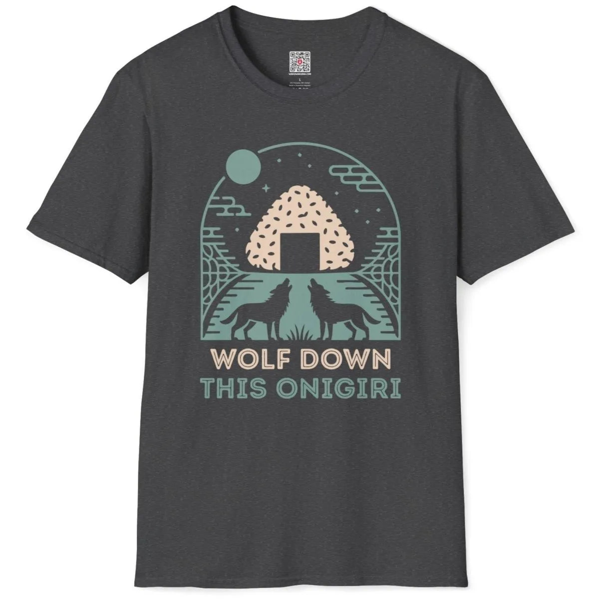 Flatlay dark heather t-shirt with onigiri, wolves, and moon, serene landscape, japanese snack popular.