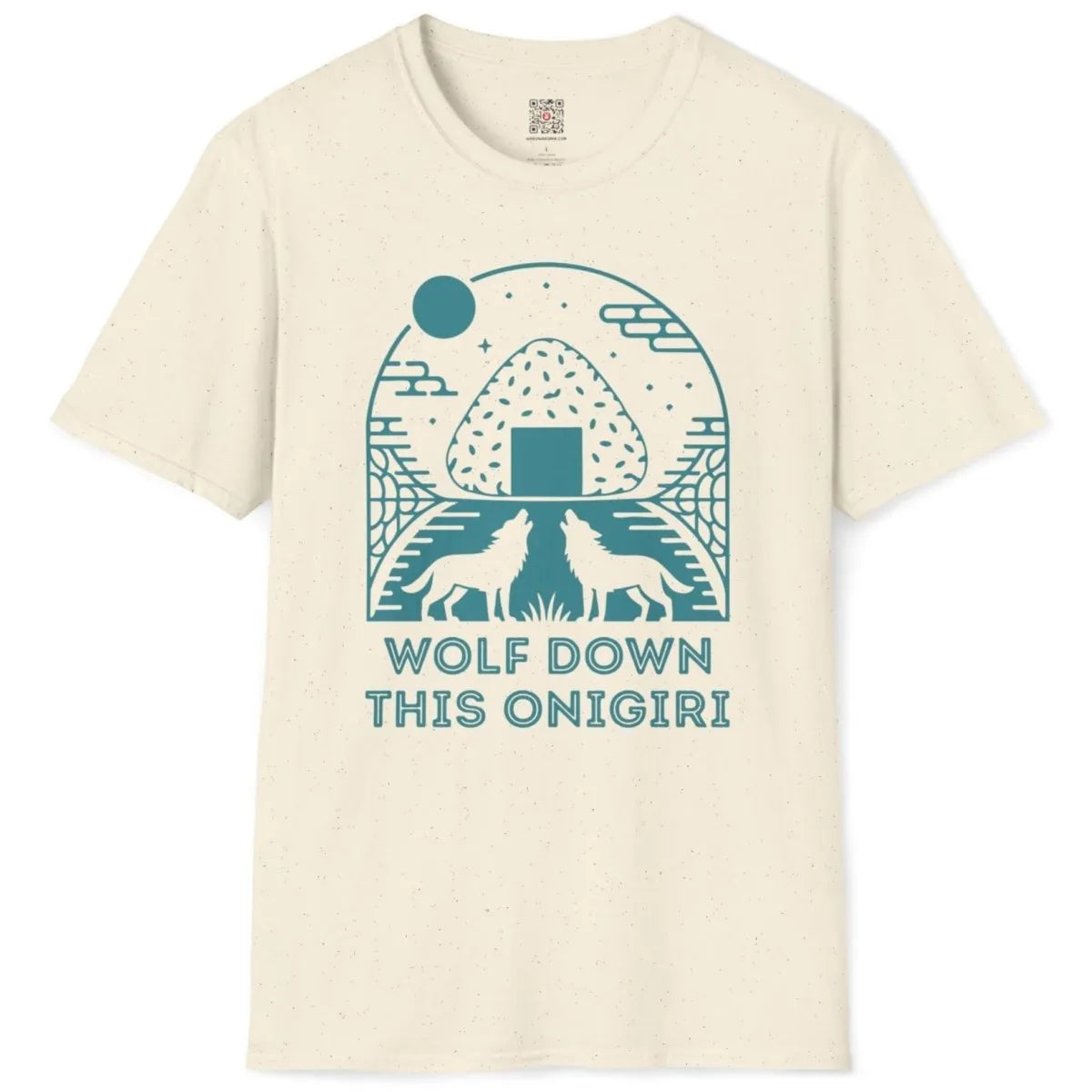 Flatlay natural t-shirt with teal onigiri, howling wolves, and moon, nature blend, whimsical animal.