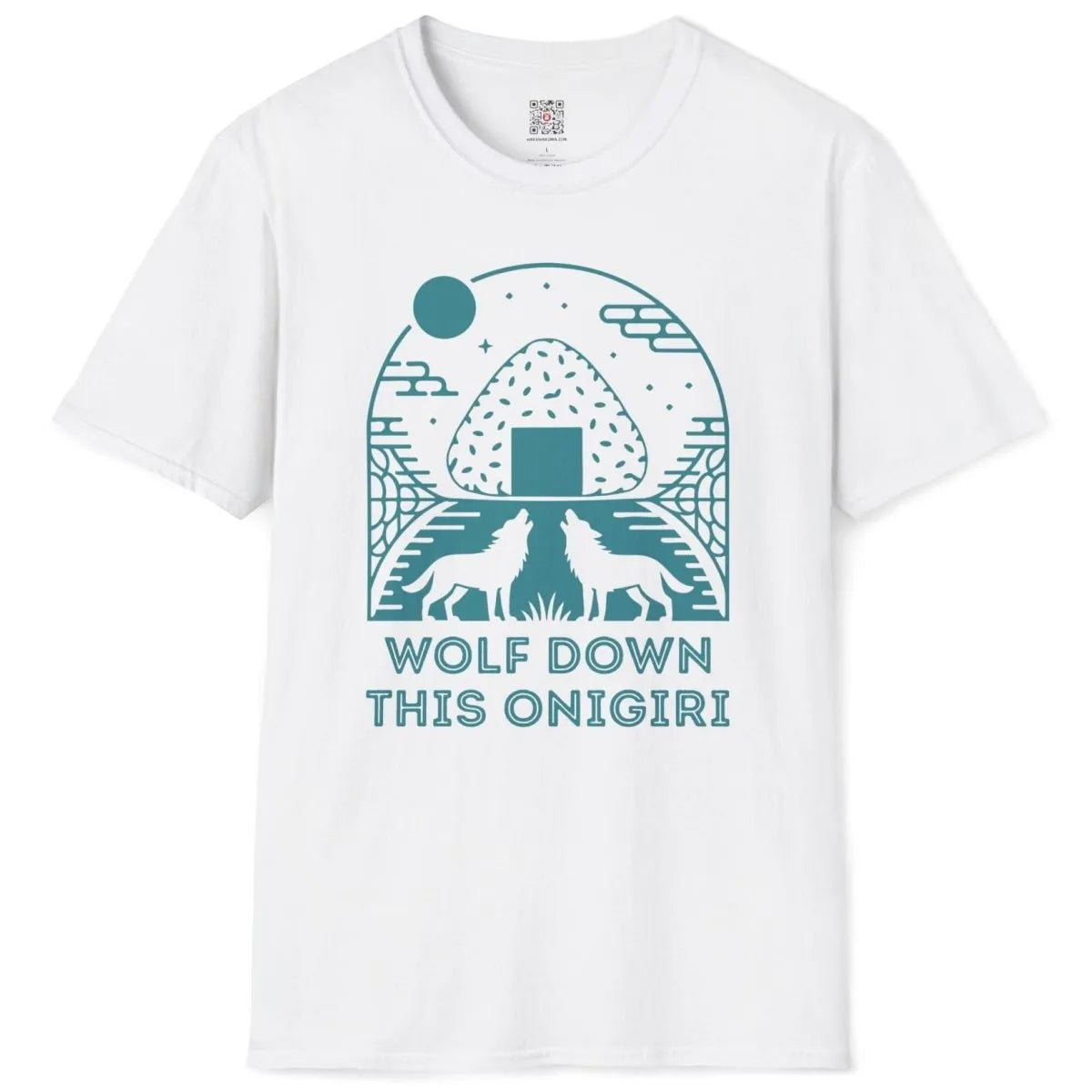 Flatlay white t-shirt with onigiri, wolves, moon, and playful phrase, rice ball onigiri, bold typography.