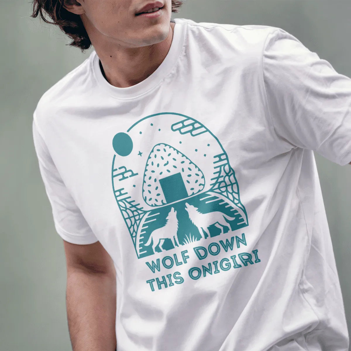 Male model in white t-shirt with onigiri, howling wolves, moon, and "WOLF DOWN THIS ONIGIRI" text, japanese t-shirts.
