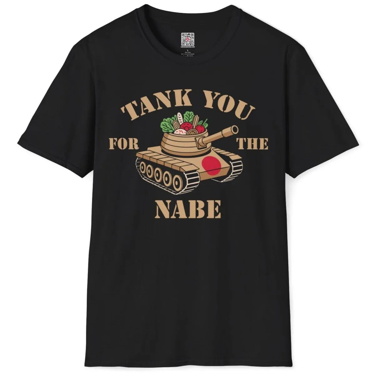 Flatlay black t-shirt with tank, nabe pot, veggies, and bold stencil font, fusion cuisine, graphic design t shirt.