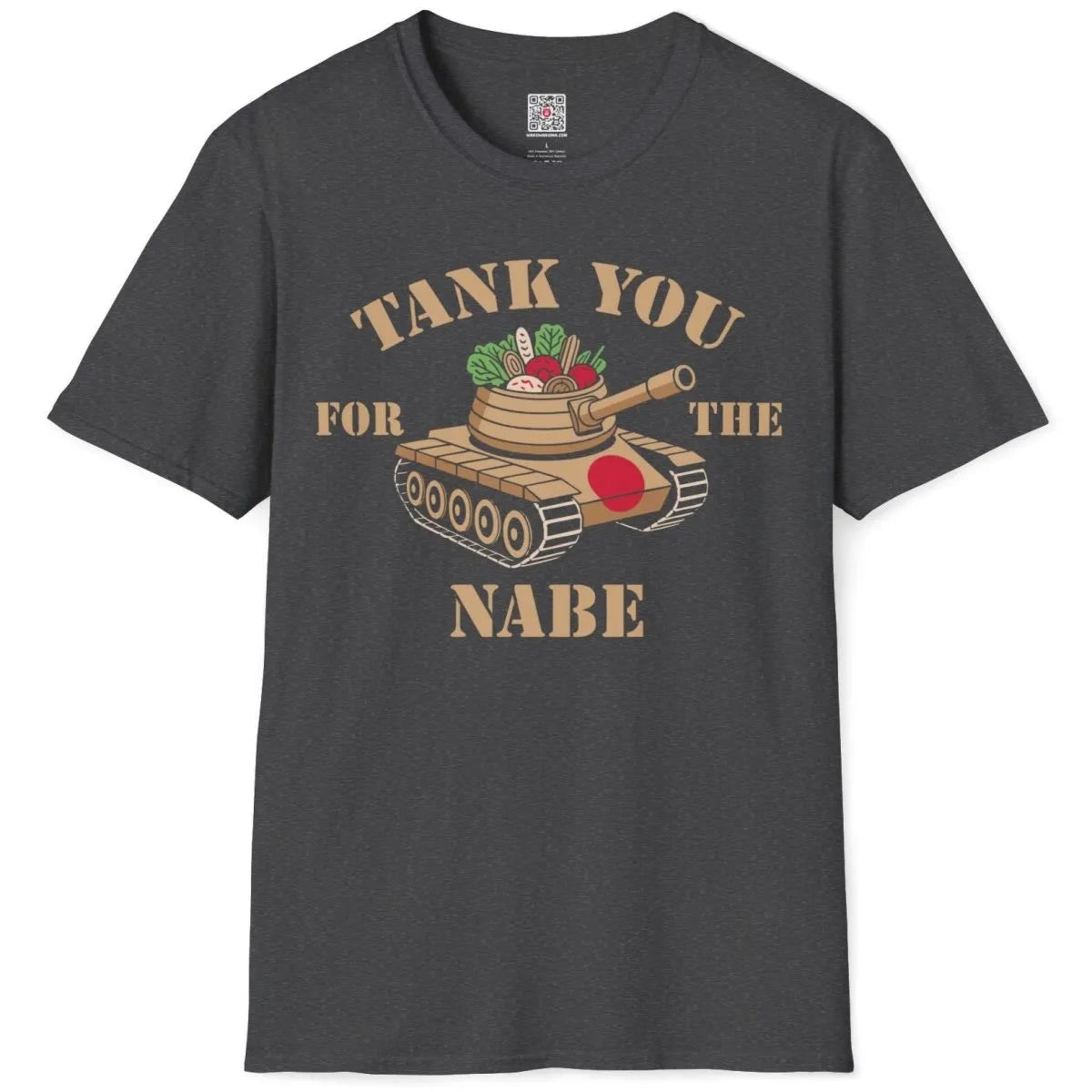 Flatlay dark heather t-shirt with tank, nabe, veggies, and stencil font, warm palette, communal spirit.