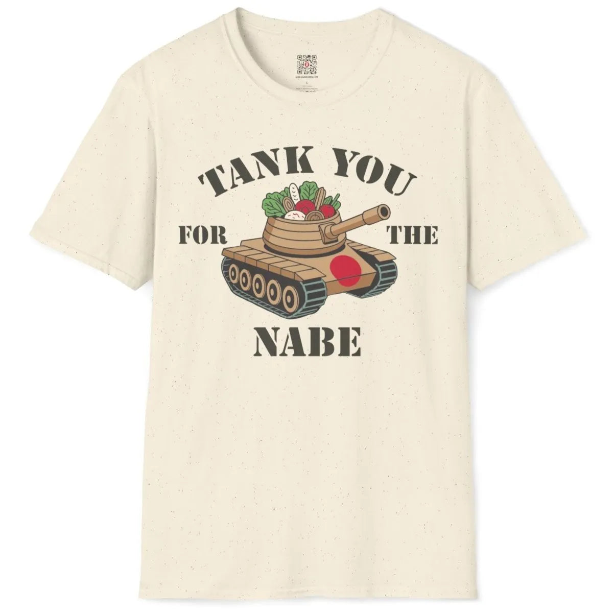 Flatlay natural t-shirt with tank, nabe, veggies, and stencil font, retro diner, humorous quote.