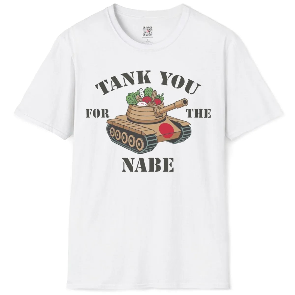 Flatlay white t-shirt with tank, nabe, veggies, and bold phrase, cartoonish style, cultural origin.