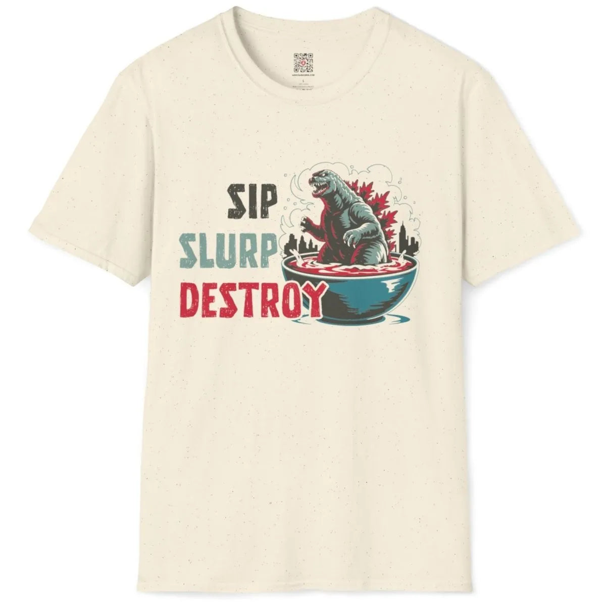 Flatlay natural t-shirt with ramen Godzilla, city skyline, and playful phrase, japanese dish, playful energy.