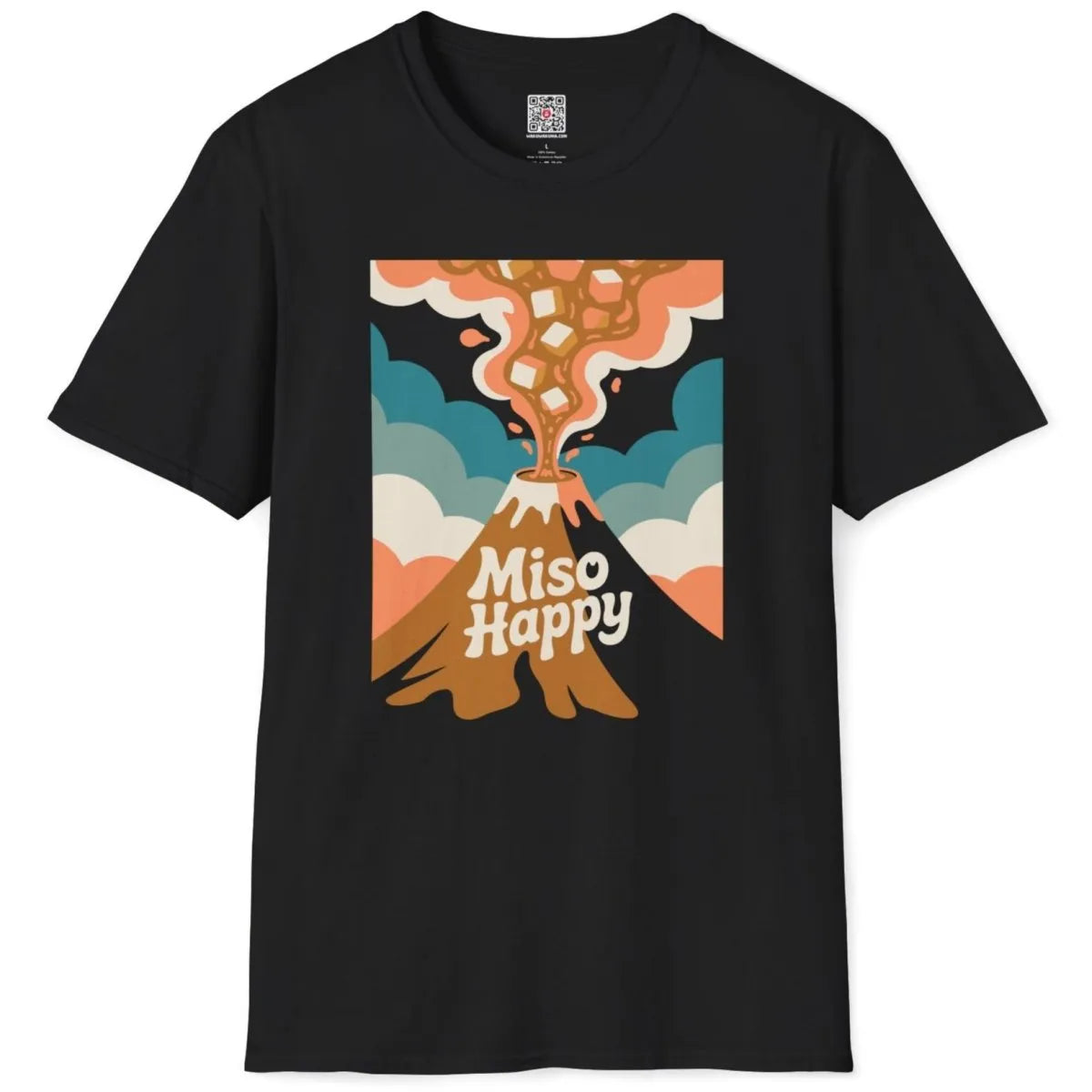 Flatlay black t-shirt with volcano miso soup illustration, comforting food, retro font, japanese t-shirts.