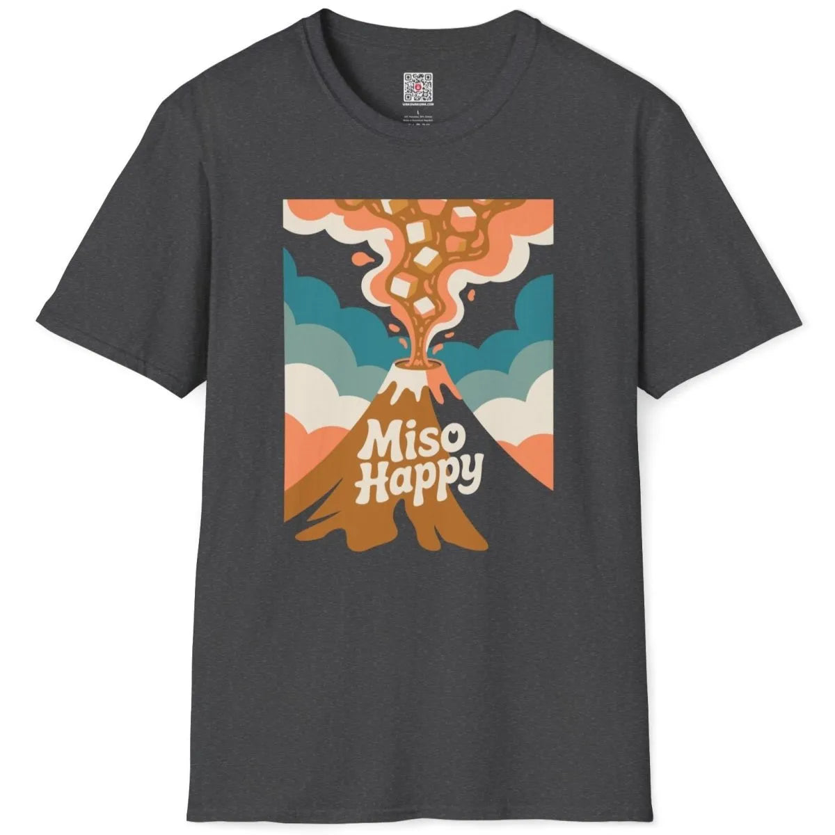 Flatlay dark heather shirt with volcano and miso soup design, vintage charm, earthy tones, japanese t-shirts.