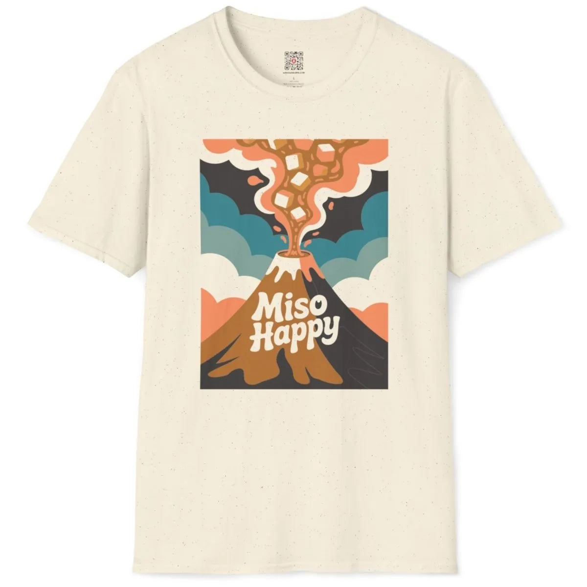 Flatlay natural shirt with volcano miso soup, abstract background, playful phrase, japanese t-shirts.