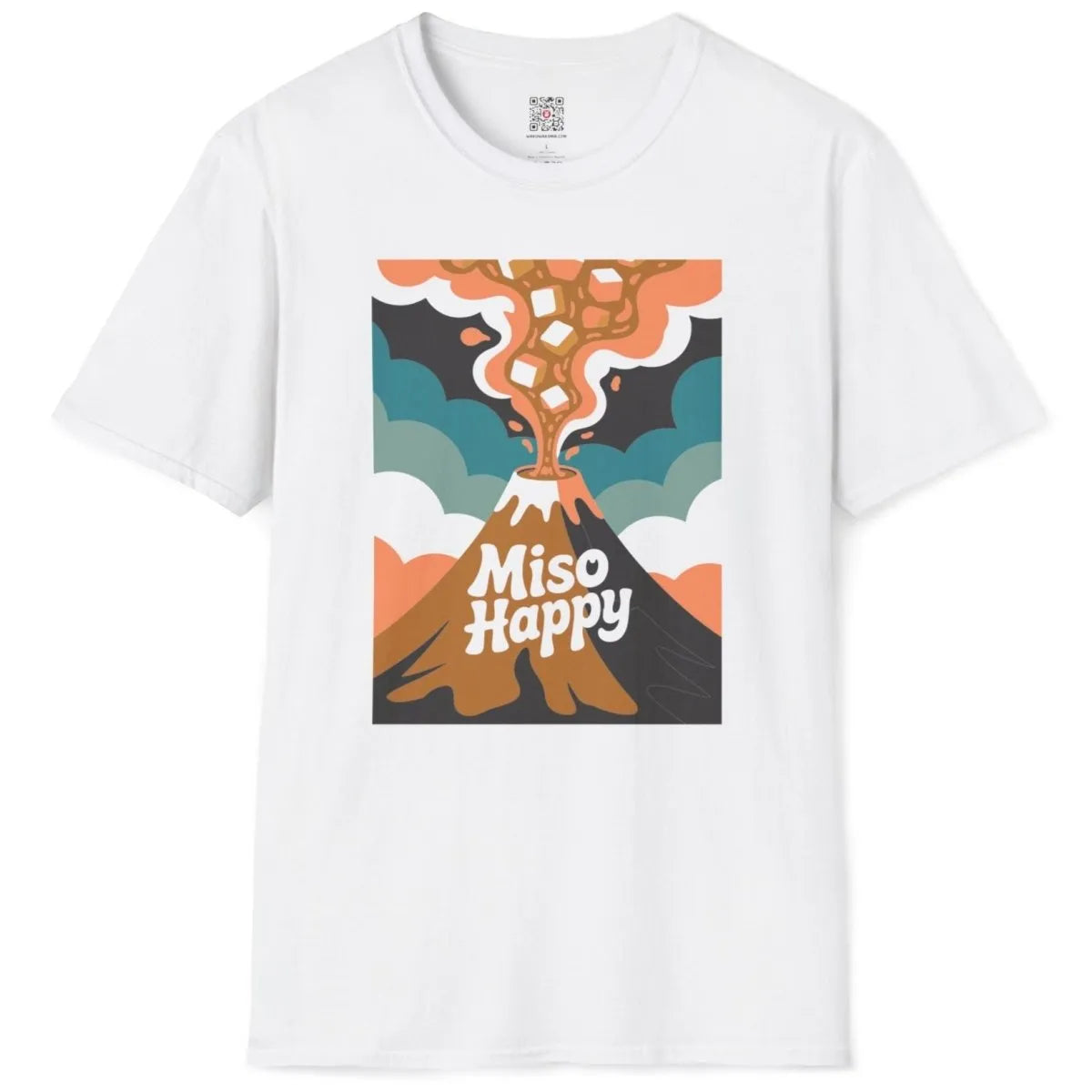 Flatlay white t-shirt featuring volcano erupting miso soup, cheerful mood, natural wonder, japanese t-shirts.