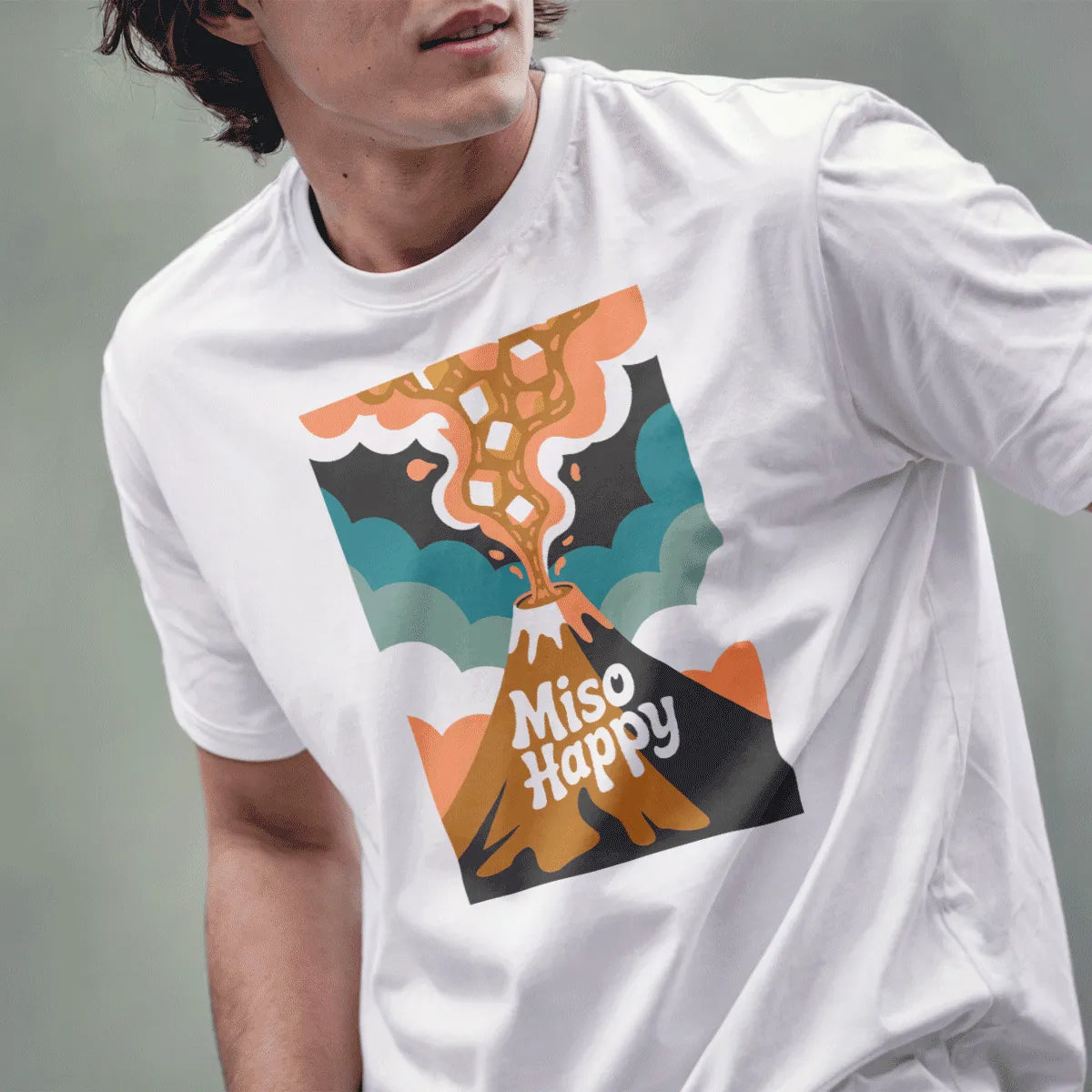 Male model in white t-shirt with volcano miso soup design, playful phrase, modern graphic art, japanese t-shirts.