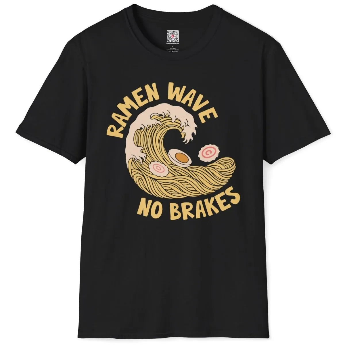 Flatlay black t-shirt with ramen wave, bold text, Japanese dish, culinary theme, ramen t-shirt.