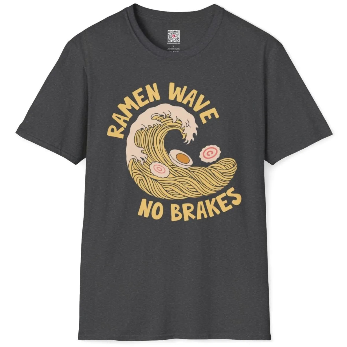 Flatlay dark heather shirt with ramen wave, surfing culture, geometric shapes, ramen t-shirt.