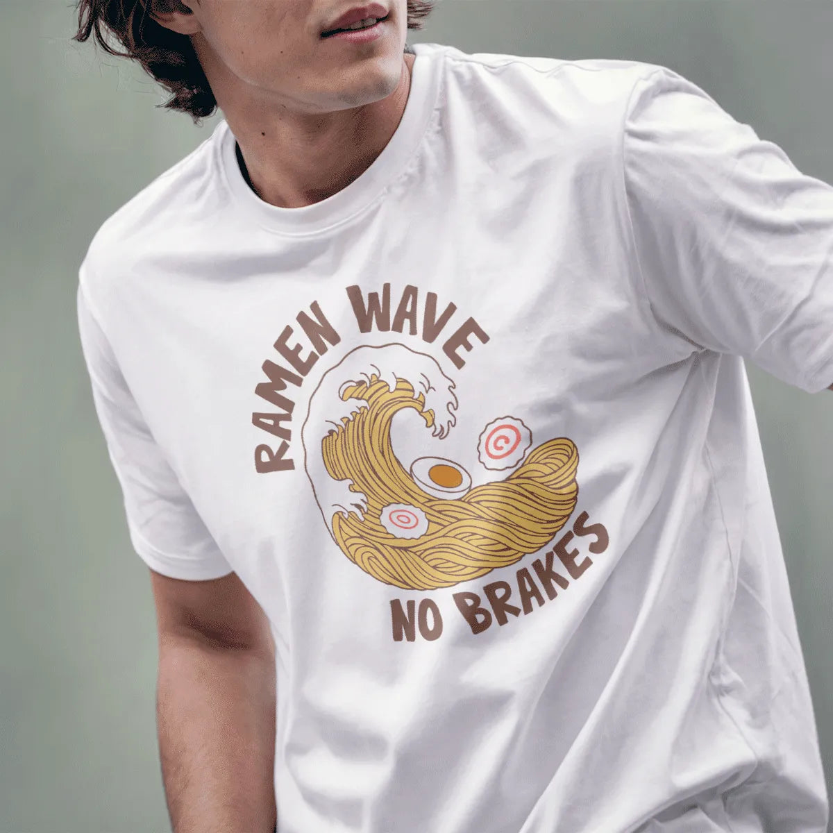 Male model in white t-shirt with ramen noodle wave, playful energy, ramen t-shirt, japanese t-shirts.