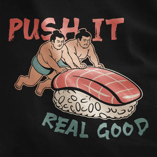 Sumo sushi scene with bold coral and teal text on black shirt, cartoonish style, sushi t-shirt.