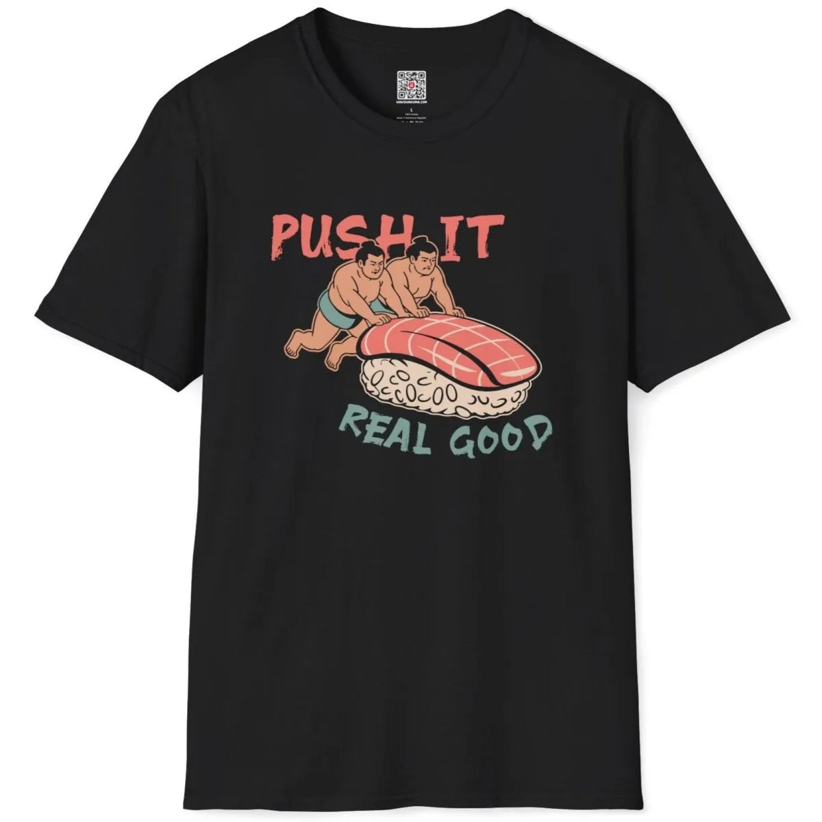 Flatlay black t-shirt with sumo pushing sushi, vibrant colors, bold text fonts, sushi t-shirt.