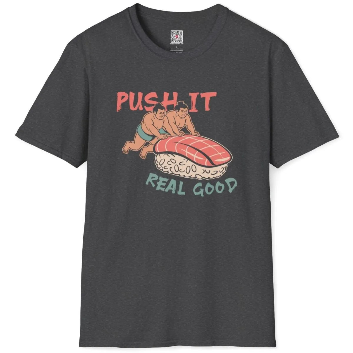 Flatlay dark heather shirt with sumo sushi, dynamic scene, humorous design, sushi t-shirt.
