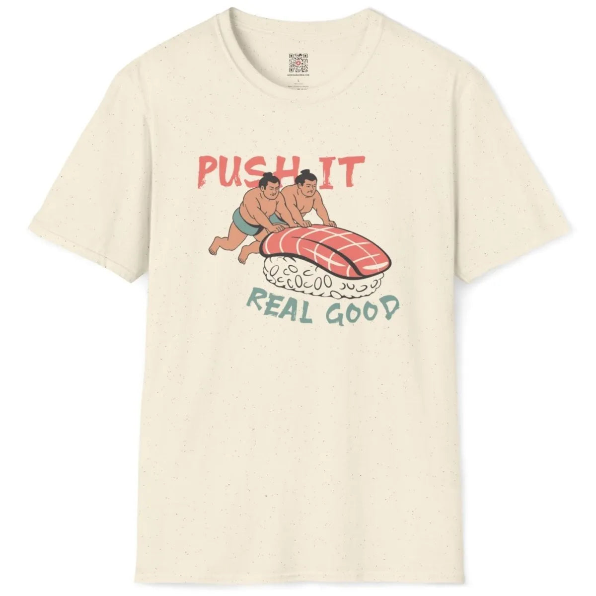 Flatlay natural shirt with sumo wrestlers and salmon nigiri, traditional motifs, sushi t-shirt.