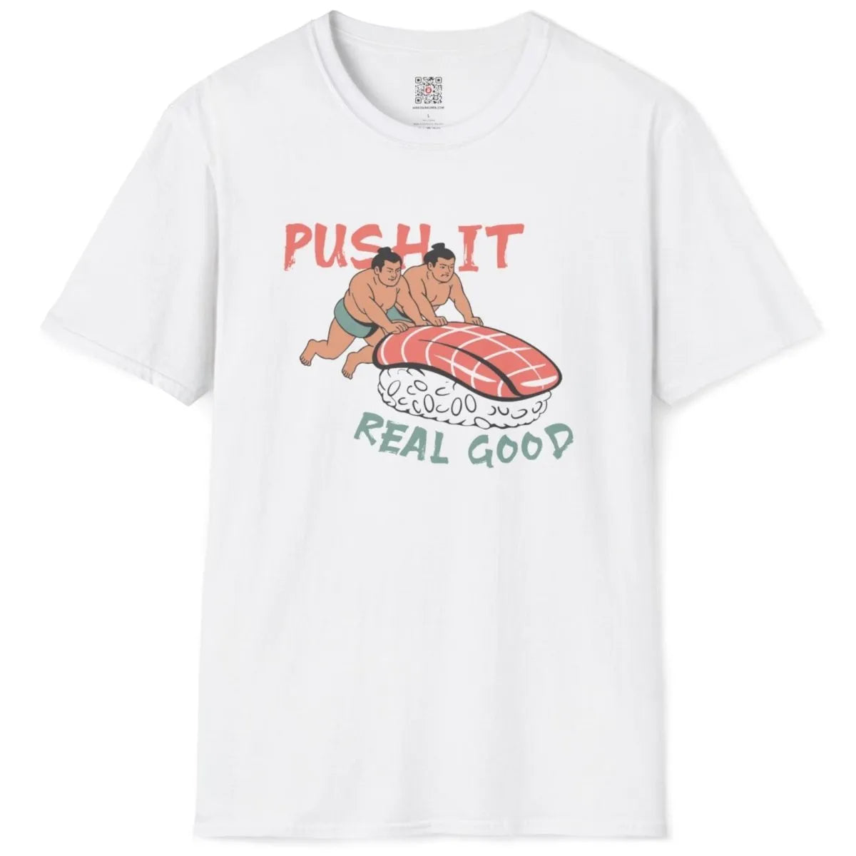 Flatlay white t-shirt with sumo and nigiri, cultural identity, playful phrase, sushi t-shirt.