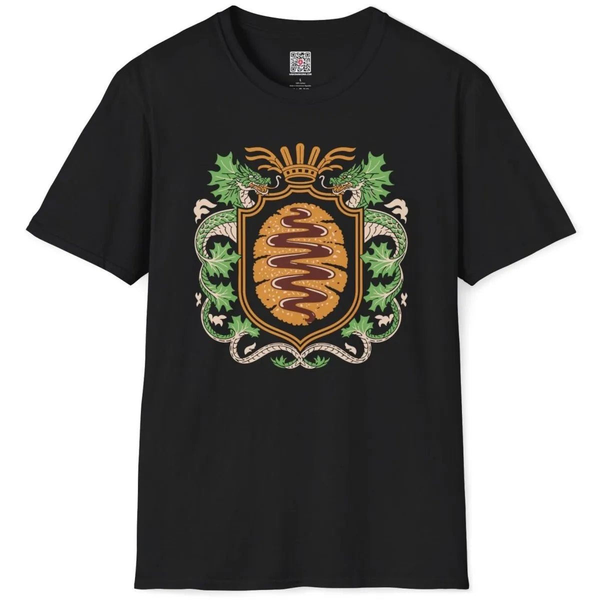 Black t-shirt flatlay with intricate tonkatsu and dragon emblem, heraldic design, cultural pride.