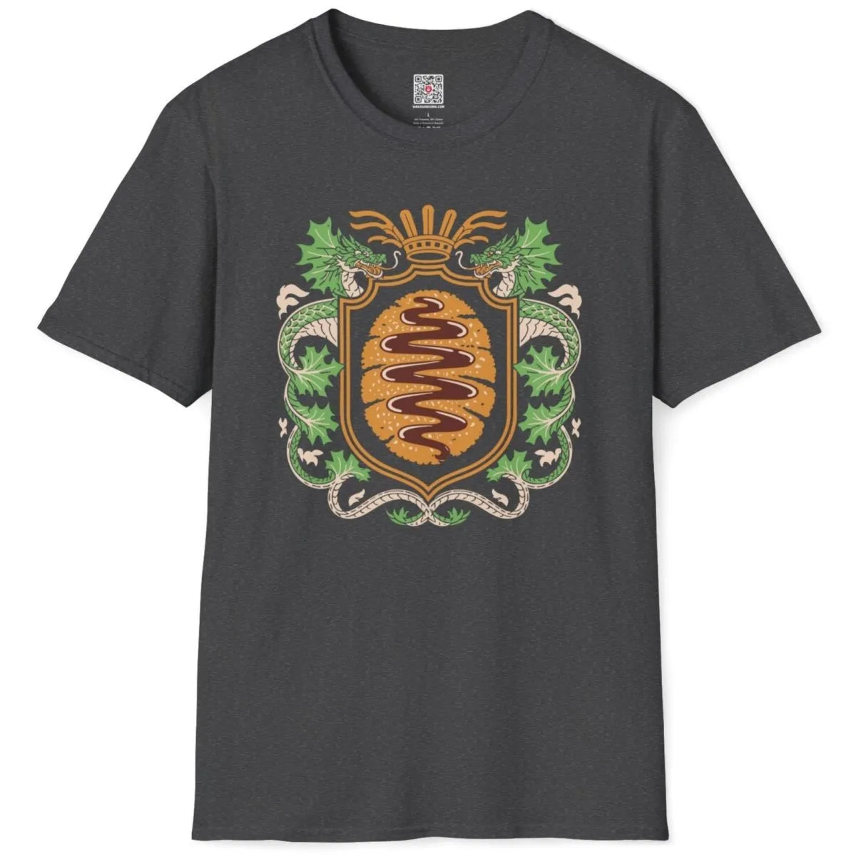 Dark heather t-shirt flatlay with textured tonkatsu and dragon emblem, traditional Japanese art, contrast colors.