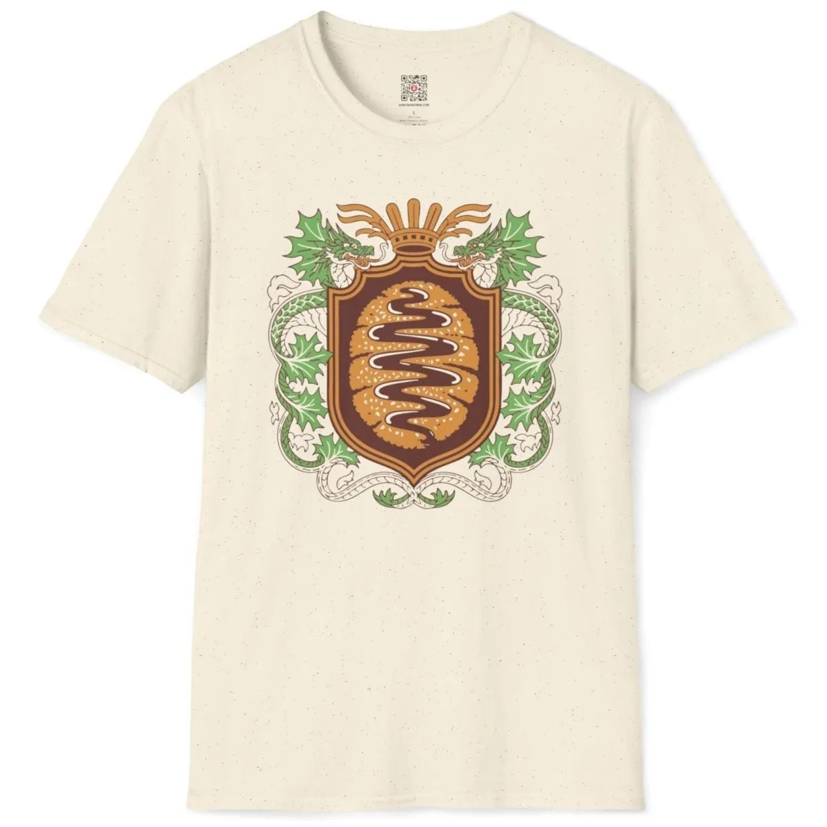 Natural t-shirt flatlay with regal tonkatsu emblem and green dragons, cultural symbolism, gourmet status.