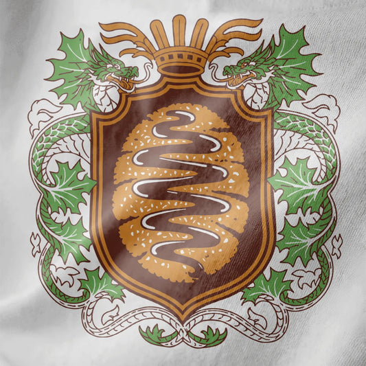 White t-shirt closeup with heraldic tonkatsu emblem, dragons, and golden fan, japanese t-shirts, cultural symbolism.