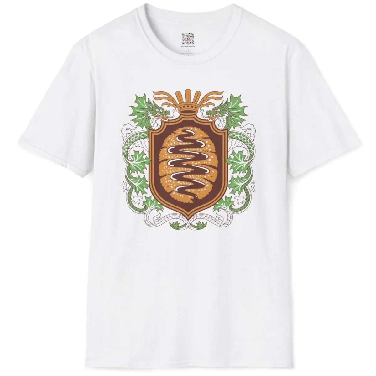 White t-shirt flatlay with golden tonkatsu, green cabbage dragons, and celebratory fan, japanese t-shirts.
