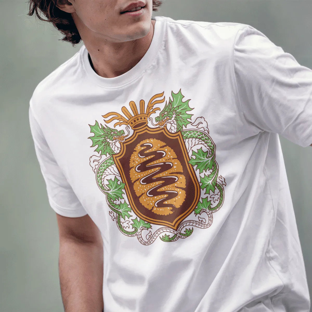 Male model in white t-shirt featuring tonkatsu and dragon crest, japanese t-shirts, mythic energy.