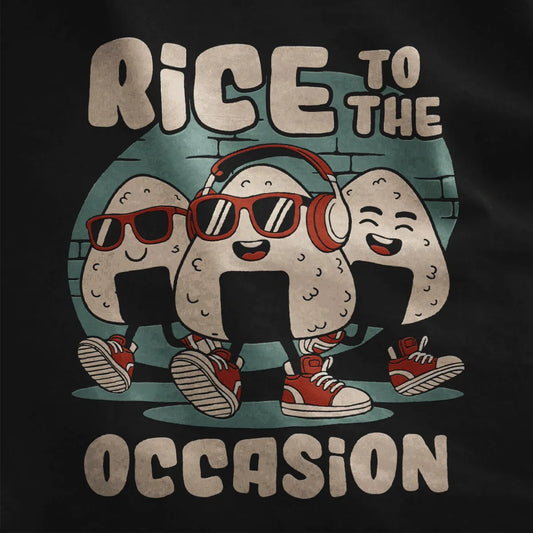 Onigiri trio with red sneakers and sunglasses, bold typography on black t-shirt, japanese t-shirts, street-style.