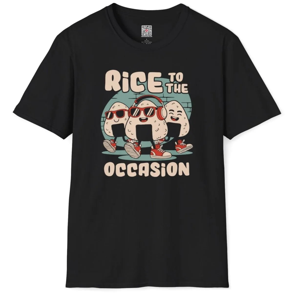 Black t-shirt flatlay featuring cool onigiri with sunglasses, bold typography, japanese t-shirts, urban vibe.