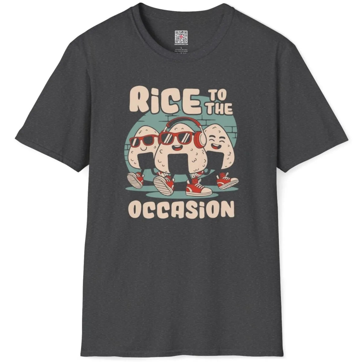Dark heather t-shirt flatlay, energetic onigiri trio, bold typography, cultural fusion, dynamic poses.