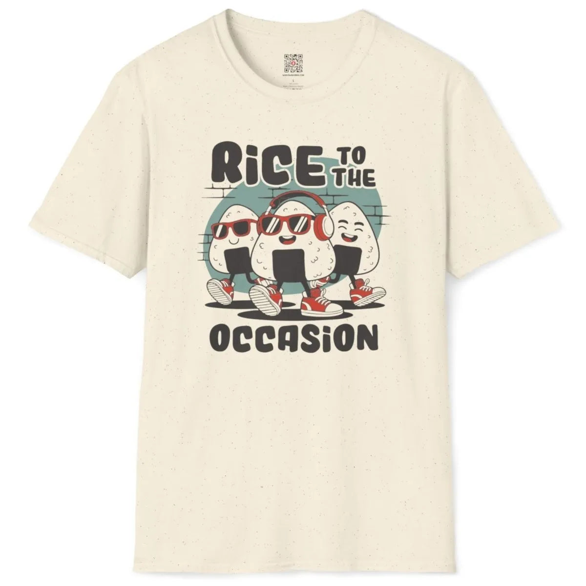 Natural t-shirt flatlay, cheerful onigiri with sunglasses, playful characters, japanese snack.