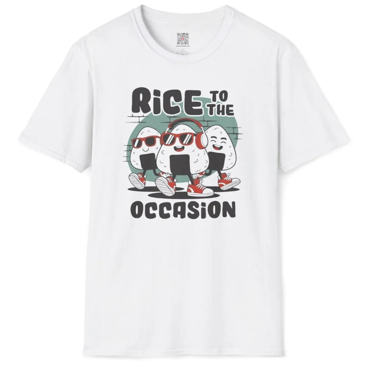 White t-shirt flatlay with walking onigiri, street-style, playful characters, modern aesthetics.