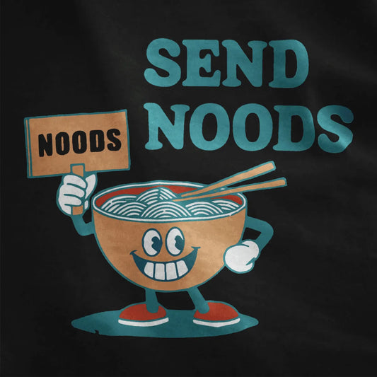 Closeup of playful cartoon noodle bowl with “SEND NOODS” text on black t-shirt, ramen t-shirt, whimsical illustration.