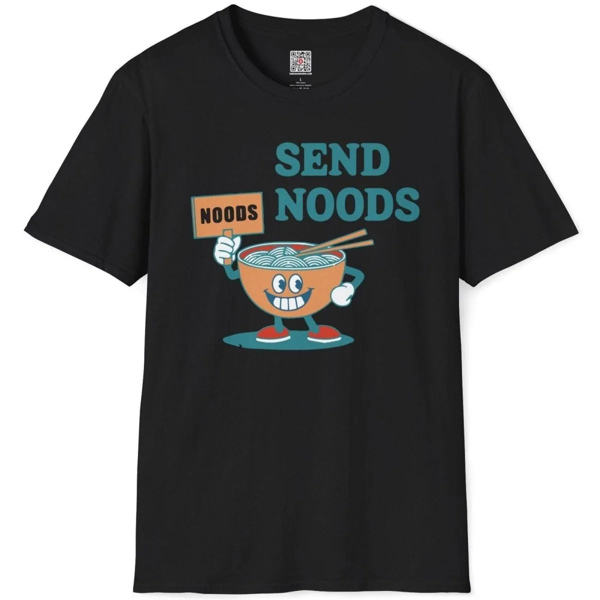 Black flatlay t-shirt with cheeky cartoon noodle bowl and “SEND NOODS” text, junk food shirt, retro design.