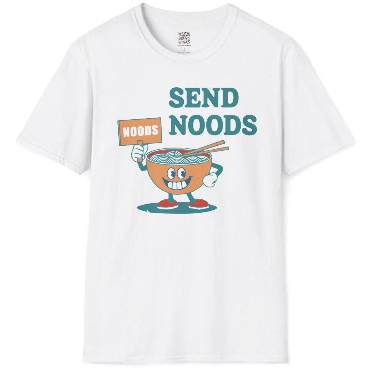 White flatlay t-shirt with cartoon noodle bowl, “SEND NOODS” text, food t-shirts, humorous quote.