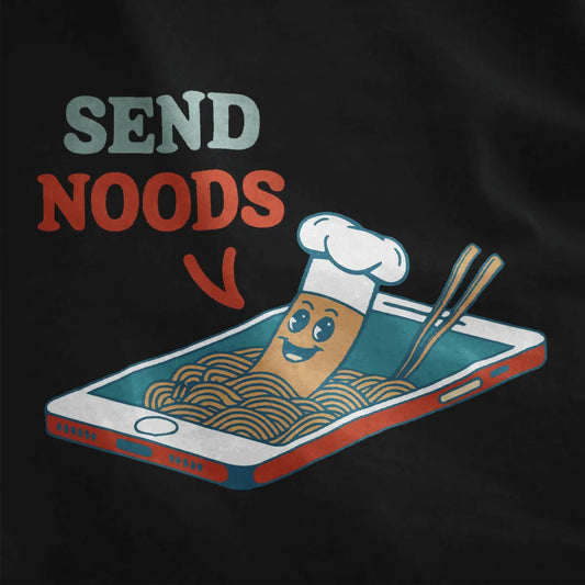 Bold “SEND NOODS” graphic with animated noodle and red border on black fabric, noodle shirt, humorous quote.
