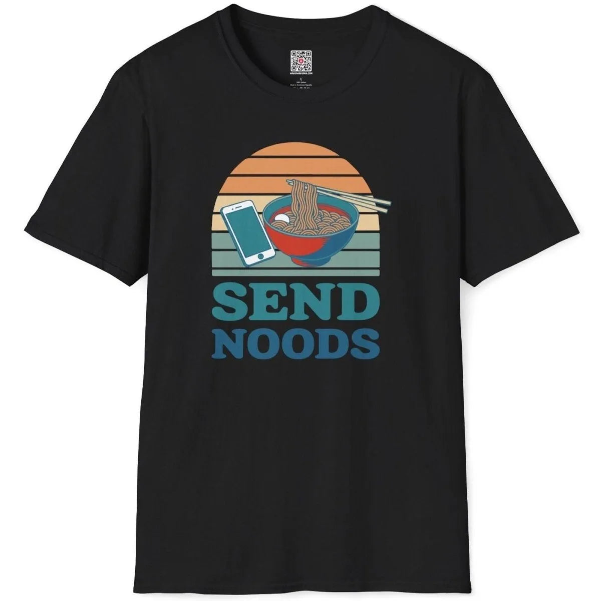 Black t-shirt flatlay with ramen bowl, smartphone, retro sunset, “SEND NOODS” in teal. ramen t-shirt, bold text fonts.