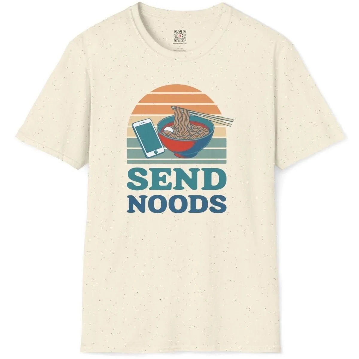 Natural shirt flatlay, ramen bowl, smartphone, retro sunset, “SEND NOODS” text. ramen t-shirt, urban ramen.