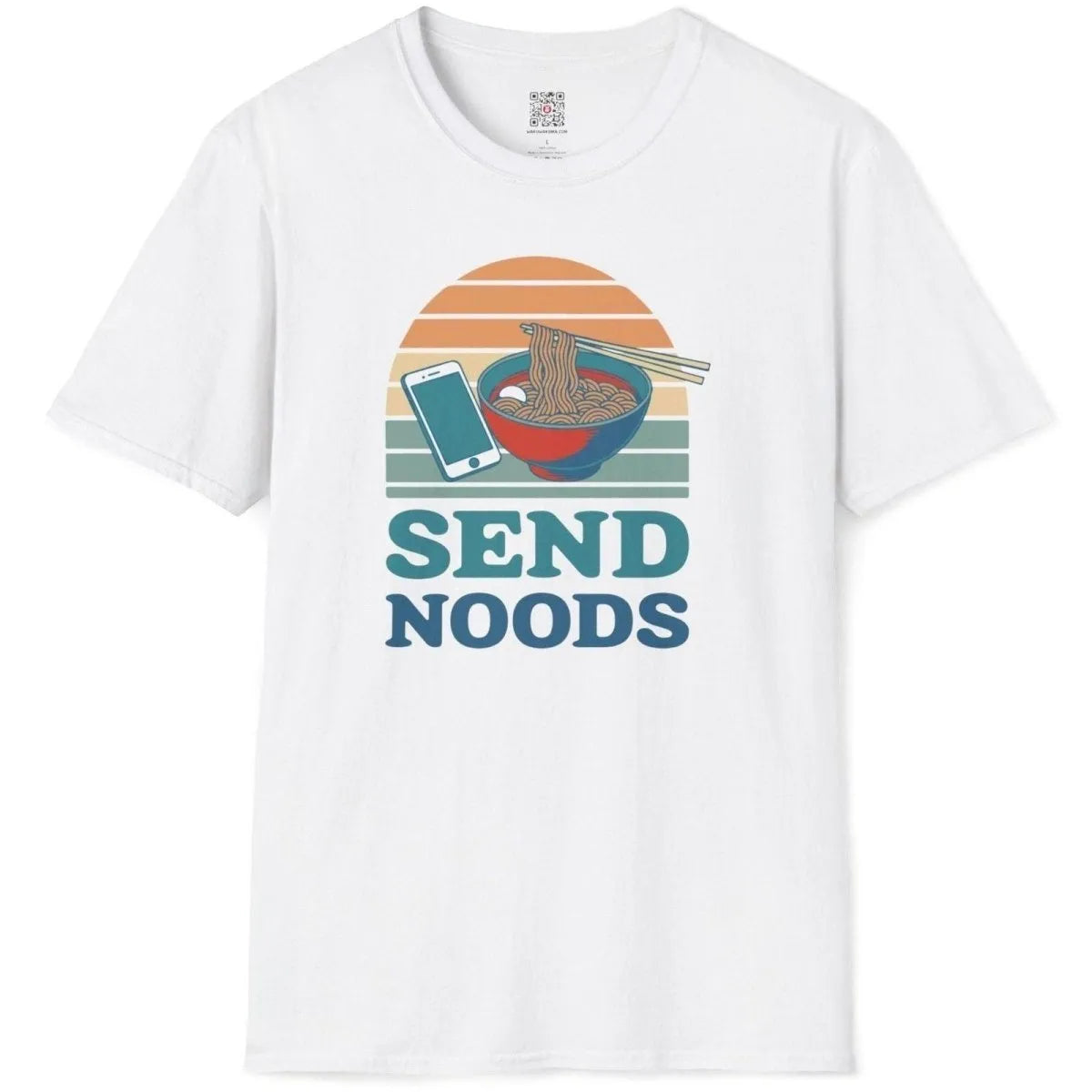 White t-shirt flatlay, ramen bowl and smartphone, retro sunset, “SEND NOODS” in teal. ramen t-shirt, graphic design t shirt.