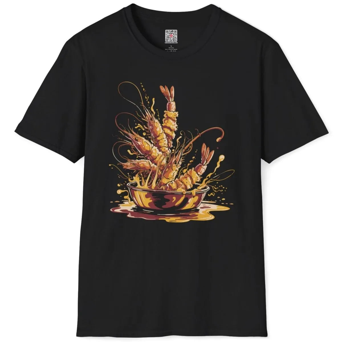 Black t-shirt flatlay, tempura shrimp in motion, bold art, japanese t-shirts, contrast in colors.