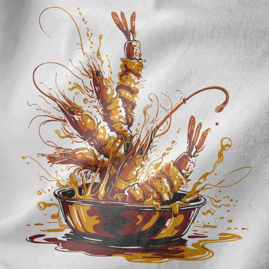 Close-up of dynamic tempura shrimp bursting from bowl on white t-shirt, japanese t-shirts, contrast art.