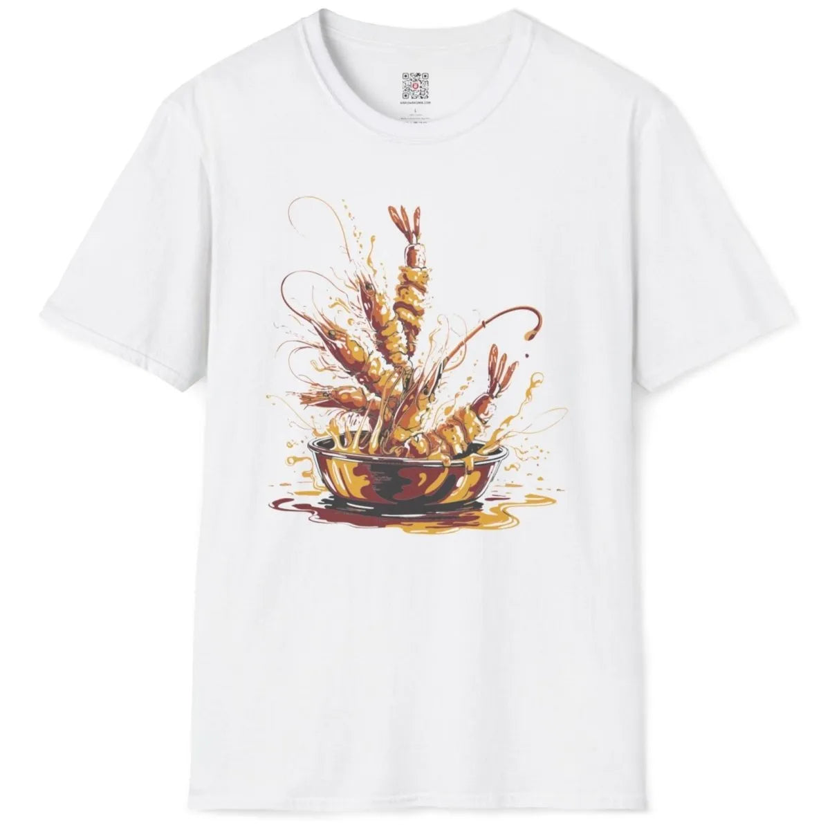 White t-shirt flatlay, crispy tempura shrimp, energetic strokes, cultural symbolism.