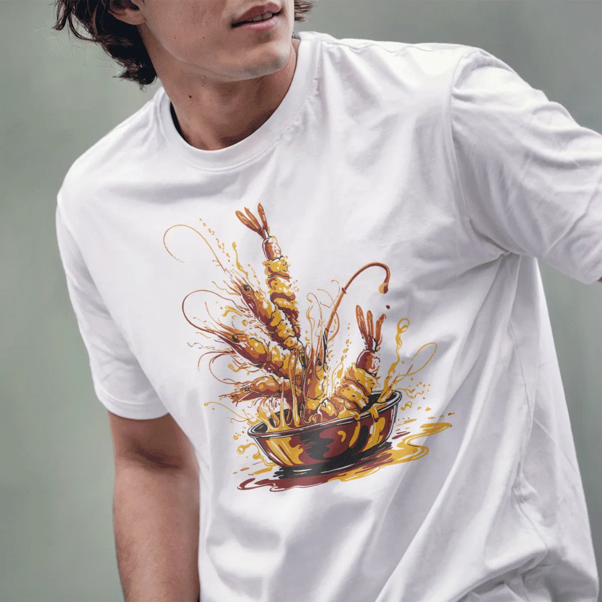 Male model in white t-shirt with exploding tempura shrimp, painterly style, fusion cuisine.