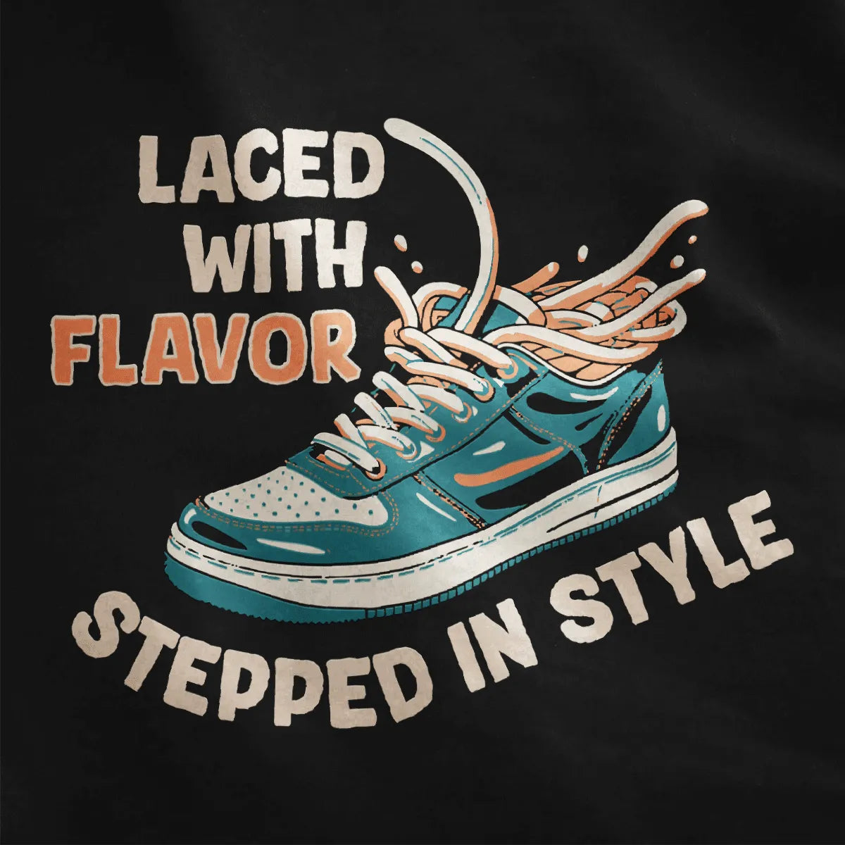 Black t-shirt with bold ramen sneaker, orange noodle laces, streetwear style for men, pop art shirt.
